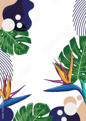 Papier peint  Strelitzia Flower, and Tropical Leaves on a Frame Composition. 