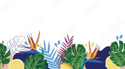 Papier peint  Strelitzia Flower, and Tropical Leaves on a seamless Frame Border. Exotic Floral Border with Monstera leaves.