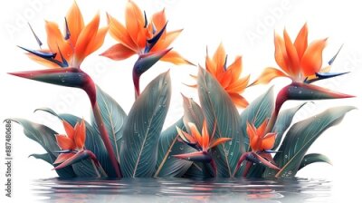 Papier peint  Strelitzia flower (Bird of Paradise) with water reflections, isolated on transparent background