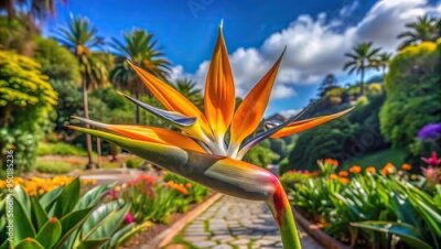 Papier peint  Strelitzia flower blooming in the botanical garden of Funchal, captured with a wide-angle lens, outdoor,Strelitzia, travel, flower, Portugal, tropical, beauty, exotic, botanical garden