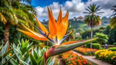 Papier peint  Strelitzia flower blooming in the Botanical Garden of Funchal, Madeira Island, Strelitzia, flower, bloom