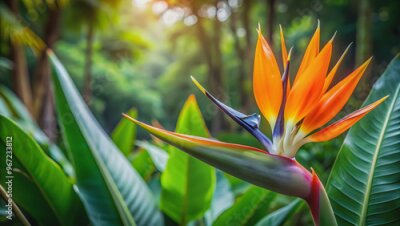 Papier peint  Strelitzia flower blooming in the lush jungle setting, tropical, flora, nature, orange, green, vibrant, exotic