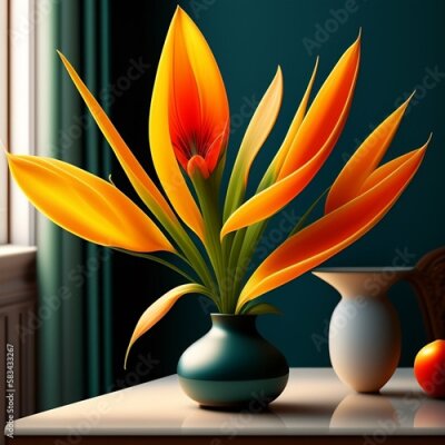 Papier peint  Strelitzia flower in the vase, on the table, created with Generative AI technology
