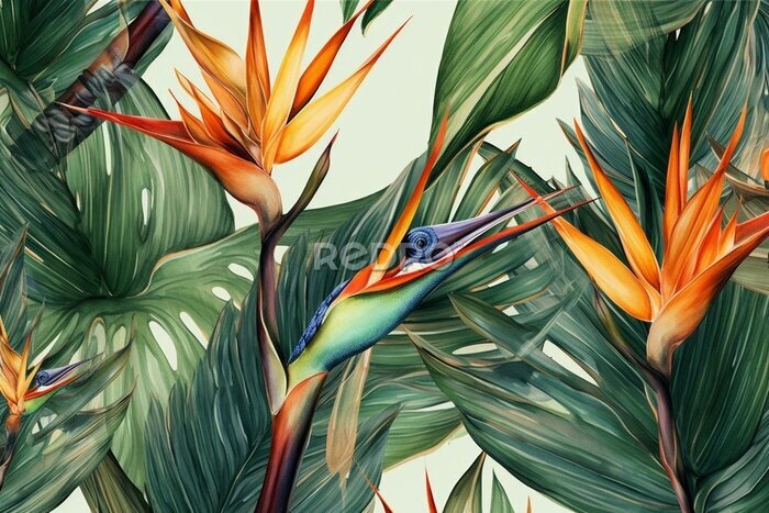 Papier peint  Strelitzia flower pattern with exotic leaves, hummingbird, vintage watercolor illustration for luxurious wallpaper or fabric. Generative AI