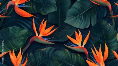 Papier peint  Strelitzia Flowers and Leaves Pattern