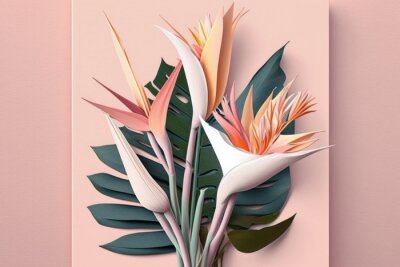 Papier peint  Strelitzia flowers and palm leaves, Generative AI