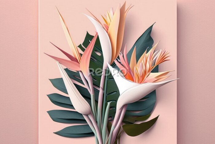 Papier peint  Strelitzia flowers and palm leaves, Generative AI