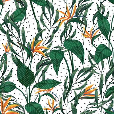 Papier peint  Strelitzia flowers and tropical leaves seamless pattern. Hand drawn vector illustration. Colored exotic plants ornament. Botanical design for fabric, textile, wallpaper, background, print, decor, wrap