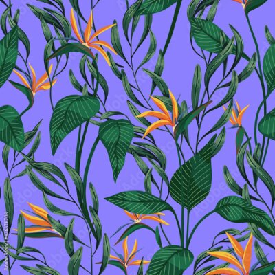 Papier peint  Strelitzia flowers and tropical leaves seamless pattern. Hand drawn vector illustration. Colored exotic plants ornament. Botanical design for fabric, textile, wallpaper, background, print, decor, wrap