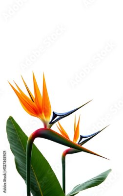 Papier peint  Strelitzia flowers and Xanadu leaves create a vibrant splash of color against a crisp white natural background concept._00002_