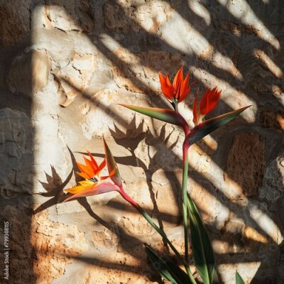 Papier peint  Strelitzia flowers casting shadows on a rustic stone wall, enduring beauty