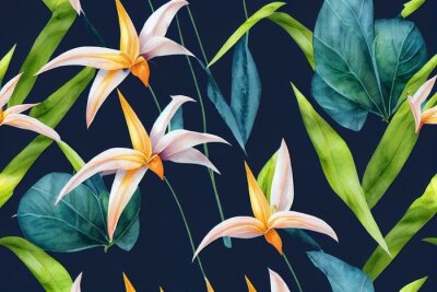 Papier peint  Strelitzia flowers. Seamless pattern, tropical background. Luxury wallpaper. Exotic green leaves, hummingbird. Watercolor dark vintage 3d illustration. Premium mural, tapestry, cloth,. Generative AI
