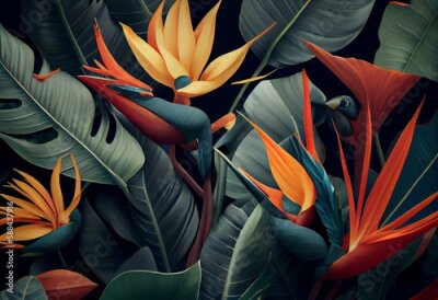 Papier peint  Strelitzia flowers. Seamless pattern, tropical background. Luxury wallpaper. Exotic green leaves, hummingbird. Watercolor dark vintage 3d illustration. Premium mural, tapestry, cloth,. Generative AI