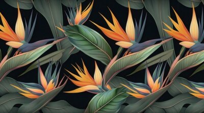 Papier peint  Strelitzia flowers. Seamless pattern, tropical background. Luxury wallpaper. Exotic green leaves, hummingbird. Watercolor dark vintage 3d illustration. Premium mural, tapestry, cloth, Generative AI