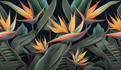 Papier peint  Strelitzia flowers. Seamless pattern, tropical background. Luxury wallpaper. Exotic green leaves, hummingbird. Watercolor dark vintage 3d illustration. Premium mural, tapestry, cloth, Generative AI