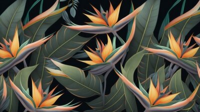 Papier peint  Strelitzia flowers. Seamless pattern, tropical background. Luxury wallpaper. Exotic green leaves, hummingbird. Watercolor dark vintage 3d illustration. Premium mural, tapestry, cloth, Generative AI