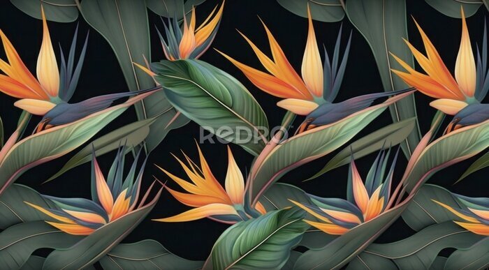 Papier peint  Strelitzia flowers. Seamless pattern, tropical background. Luxury wallpaper. Exotic green leaves, hummingbird. Watercolor dark vintage 3d illustration. Premium mural, tapestry, cloth, Generative AI