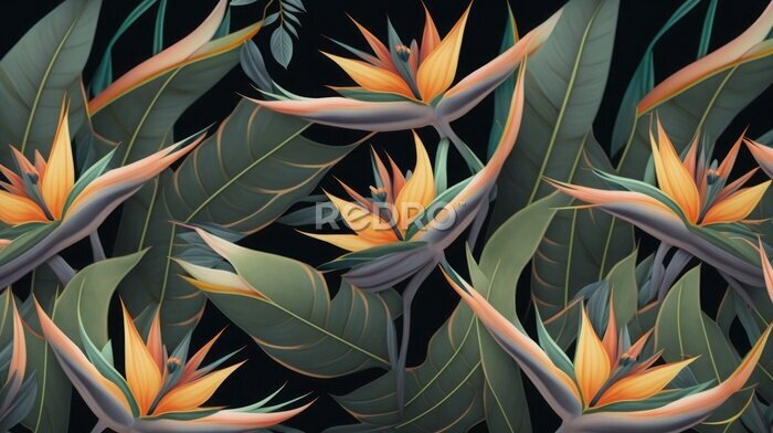 Papier peint  Strelitzia flowers. Seamless pattern, tropical background. Luxury wallpaper. Exotic green leaves, hummingbird. Watercolor dark vintage 3d illustration. Premium mural, tapestry, cloth, Generative AI