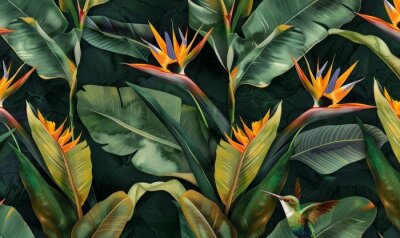 Papier peint  strelitzia flowers seamless pattern tropical background luxury wallpaper exotic green leaves hummingbird watercolor dark vintage 3d illustration premium mural tapestry cloth printing, Generative AI