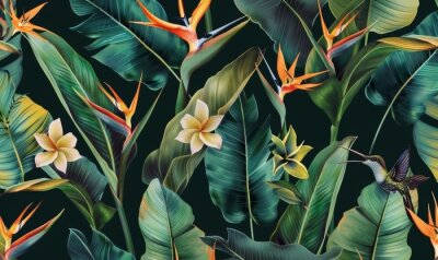 Papier peint  strelitzia flowers seamless pattern tropical background luxury wallpaper exotic green leaves hummingbird watercolor dark vintage 3d illustration premium mural tapestry cloth printing, Generative AI