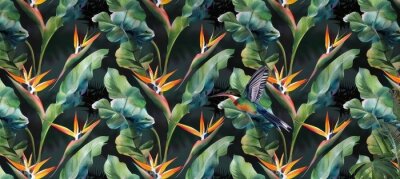 Papier peint  strelitzia flowers seamless pattern tropical background luxury wallpaper exotic green leaves hummingbird watercolor dark vintage 3d illustration premium mural tapestry cloth printing, Generative AI