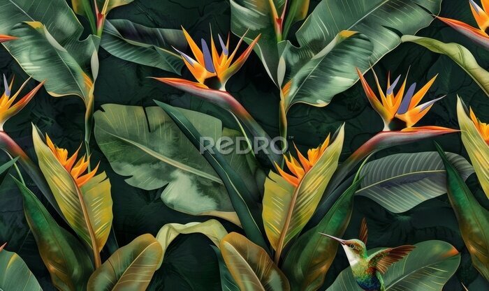 Papier peint  strelitzia flowers seamless pattern tropical background luxury wallpaper exotic green leaves hummingbird watercolor dark vintage 3d illustration premium mural tapestry cloth printing, Generative AI