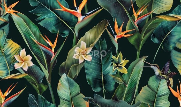 Papier peint  strelitzia flowers seamless pattern tropical background luxury wallpaper exotic green leaves hummingbird watercolor dark vintage 3d illustration premium mural tapestry cloth printing, Generative AI