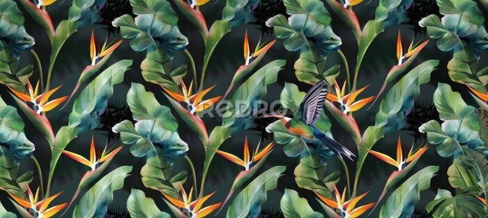 Papier peint  strelitzia flowers seamless pattern tropical background luxury wallpaper exotic green leaves hummingbird watercolor dark vintage 3d illustration premium mural tapestry cloth printing, Generative AI