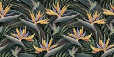 Papier peint  Strelitzia flowers. Seamless pattern, tropical background. Luxury wallpaper. Exotic green leaves, hummingbird. Watercolor dark vintage 3d illustration. Premium mural, tapestry, cloth, printing, paper