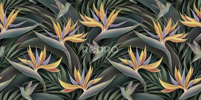 Papier peint  Strelitzia flowers. Seamless pattern, tropical background. Luxury wallpaper. Exotic green leaves, hummingbird. Watercolor dark vintage 3d illustration. Premium mural, tapestry, cloth, printing, paper