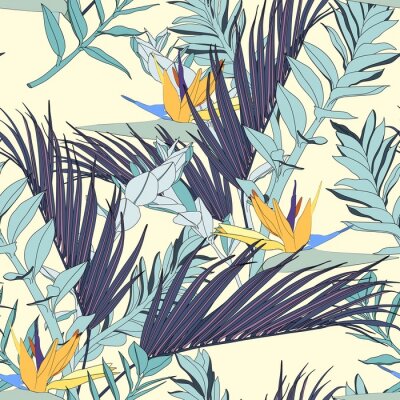 Papier peint  Strelitzia flowers with exotic blue palms leaves, light yellow background. Floral seamless pattern. Tropical illustration. Summer beach design. Paradise nature. 