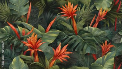 Papier peint  Strelitzia flowers with many monstera leaves