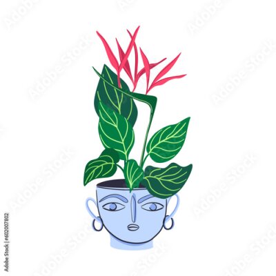 Papier peint  Strelitzia houseplant. Indoors flower in flowerpot. Ancient Greek style head as a flowerpot. Hand drawn flat style vector illustration.