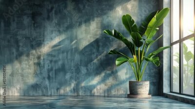 Papier peint  Strelitzia in a chic office space, minimalist decor, monochrome palette, soft ambient lighting, futuristic style, 3D rendering