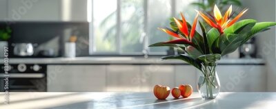 Papier peint  Strelitzia in a contemporary kitchen, modern appliances, white and steel, natural light, clean lines, Realism, Photography