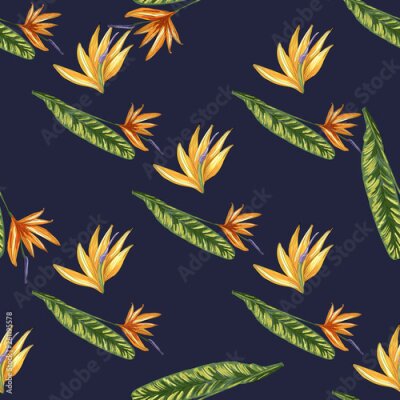 Papier peint  Strelitzia jungle foliage pattern background. Vector tropical decor. Summer botanical backdrop. Summer graphic. Magic background. Banana leaves.