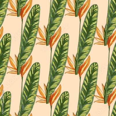 Papier peint  Strelitzia jungle foliage pattern background. Vector tropical decor. Summer botanical backdrop. Summer graphic. Magic background. Banana leaves.
