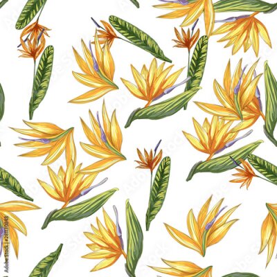 Papier peint  Strelitzia jungle foliage pattern background. Vector tropical decor. Summer botanical backdrop. Summer graphic. Magic background. Banana leaves.