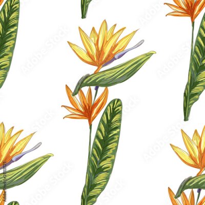 Papier peint  Strelitzia jungle foliage pattern background. Vector tropical decor. Summer botanical backdrop. Summer graphic. Magic background. Banana leaves.