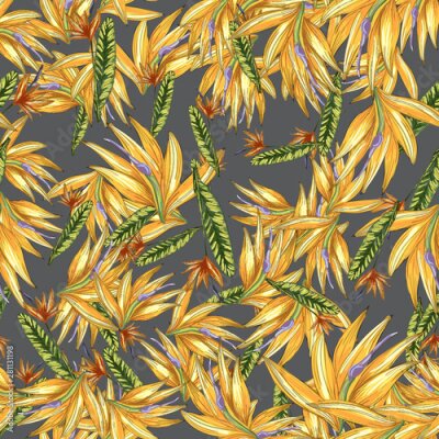 Papier peint  Strelitzia jungle foliage pattern background. Vector tropical decor. Summer botanical backdrop. Summer graphic. Magic background. Banana leaves.