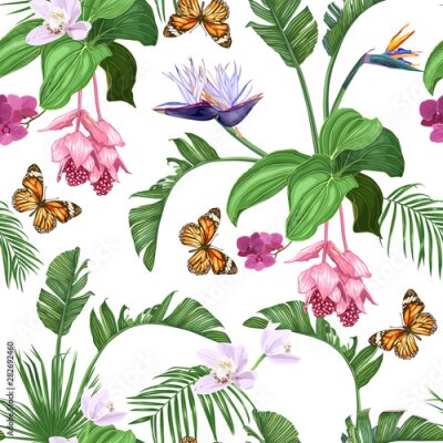 Papier peint  Strelitzia, medinilla, tropical leaves, orange butterflies. Vectric seamless pattern with many elements.