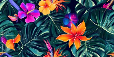 Papier peint  Strelitzia, monstera, and palm leaves with bright tropical blooms, seamless pattern