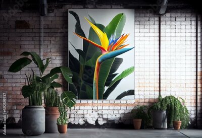 Papier peint  Strelitzia nicolai in the interior on the background of a white brick wall. Green house, potted plant. Generative AI