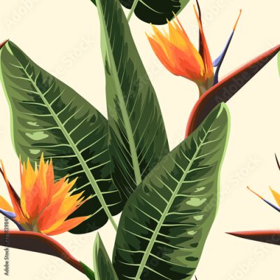 Papier peint  Strelitzia oiseau de paradis exotiques tropicales orange vif fleurs et feuilles vertes. Illustration réaliste réaliste feuillage floral style aquarelle sur fond beige clair. Usine de luxe élégante.