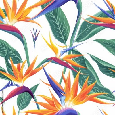 Papier peint  Strelitzia or Bird of paradise flower blooming Plant
 seamless pattern illustration