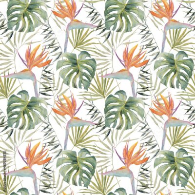 Papier peint  Strelitzia, palm tree, monstera leaves. Tropical exotic bright seamless pattern. Watercolor hand made botanical print. On white background. For summer beach textile, cards for birthday, party