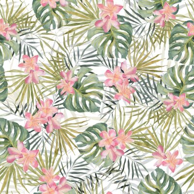 Papier peint  Strelitzia, palm tree, monstera leaves. Tropical exotic bright seamless pattern. Watercolor hand made botanical print. On white background. For summer beach textile, wallpaper, wrapping paper.