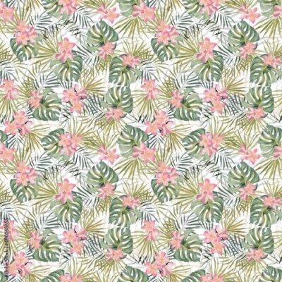 Papier peint  Strelitzia, palm tree, monstera leaves. Tropical exotic bright seamless pattern. Watercolor hand made botanical print. On white background. For summer beach textile, wallpaper, wrapping paper.