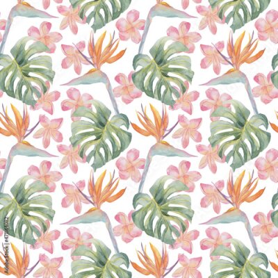 Papier peint  Strelitzia, palm tree, monstera leaves. Tropical exotic bright seamless pattern. Watercolor hand made botanical print. On white background. For summer beach textile, wallpaper, wrapping paper.
