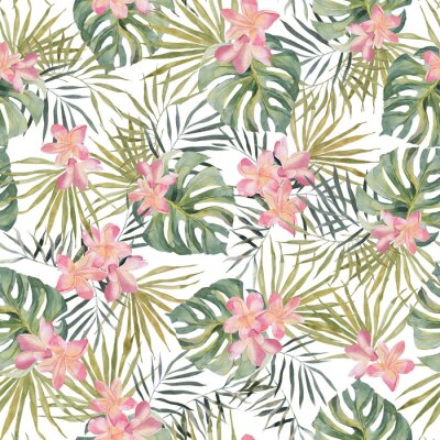 Papier peint  Strelitzia, palm tree, monstera leaves. Tropical exotic bright seamless pattern. Watercolor hand made botanical print. On white background. For summer beach textile, wallpaper, wrapping paper.